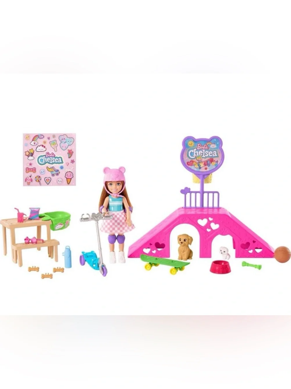 Barbie Chelsea Doll and Accessories Skatepark Playset with 2 Puppies and 15+ pc